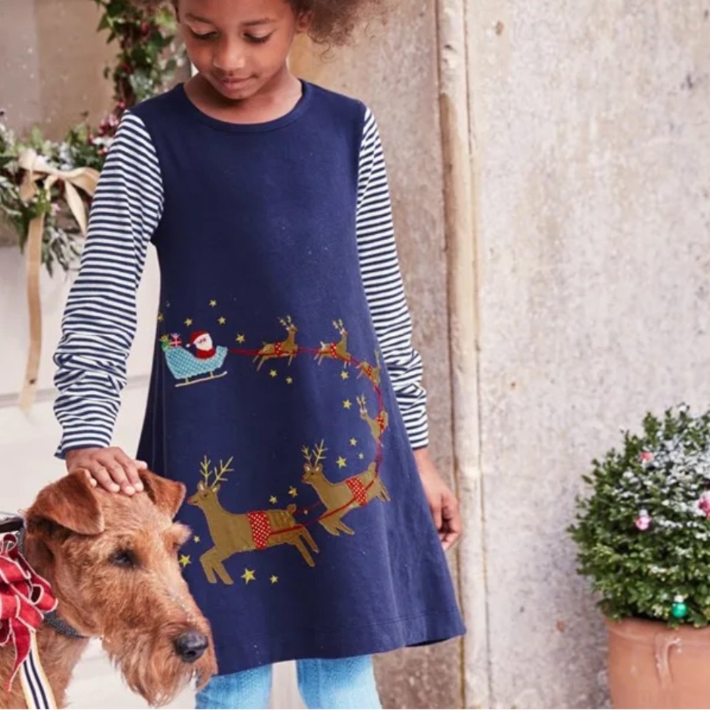 Mini Boden Santa and Reindeer Flying Dress Sz 4-5